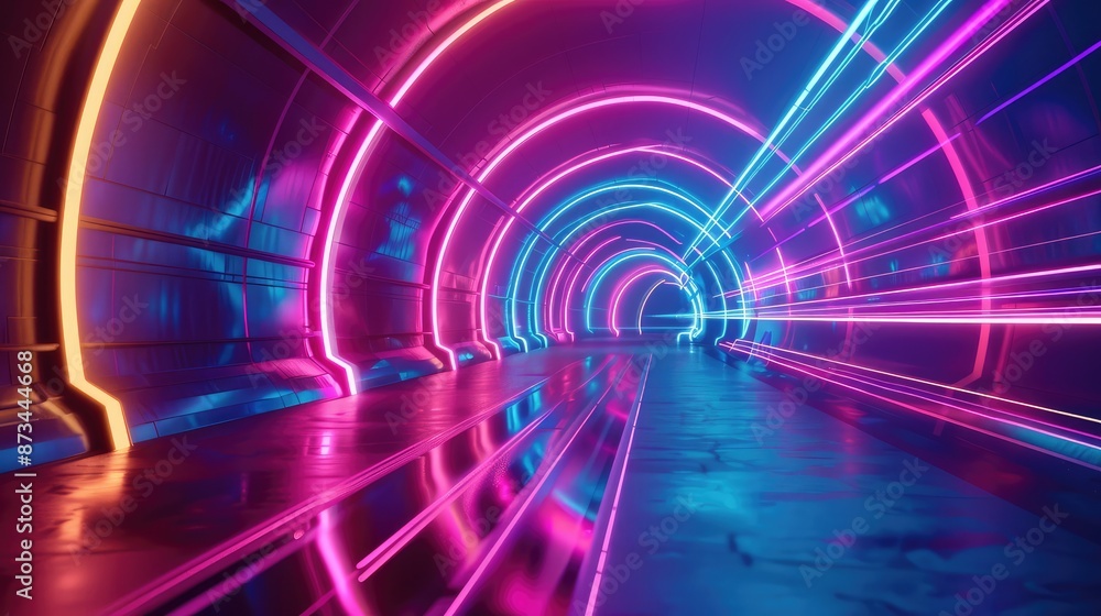 Poster a vibrant neon tunnel with streaks of light zooming towards the viewer, creating a sense of high-spe