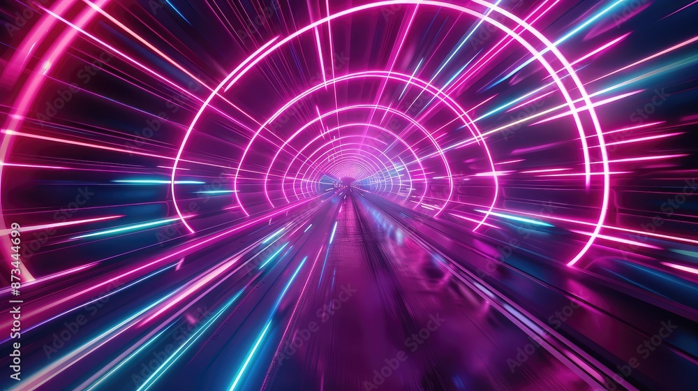Poster a vibrant neon tunnel with streaks of light zooming towards the viewer, creating a sense of high-spe