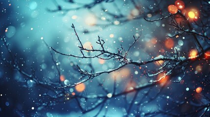 A branch covered in snow with a blue sky in the background