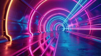 A vibrant neon tunnel with streaks of light zooming towards the viewer, creating a sense of high-speed motion in a cyberpunk setting.