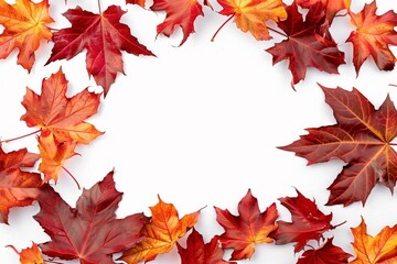 Fototapeta premium A white background with a large circle of red leaves surrounding it. The leaves are of different sizes and colors, creating a sense of depth and movement. Scene is warm and inviting