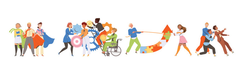 Naklejka premium Teamwork with Business People Employee Engaged in Successful Collaboration Vector Set