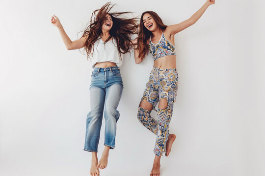  Full length photo of barefoot laughing funky girls