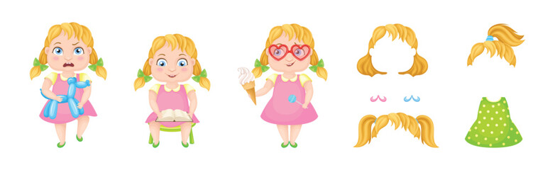 Cute Girl in Pretty Dress with Hairstyle Pose and Emotion Vector Set