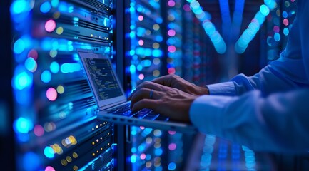 Close-up of hands typing on laptop in data center with blue lights and server racks