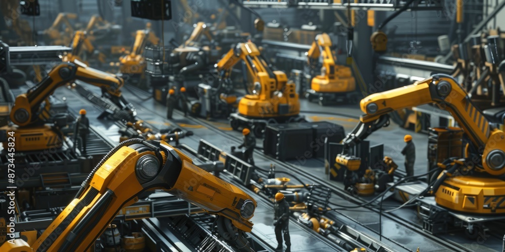 Poster robot machine arm working and checking electronic parts at production line. factory machine or robot