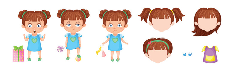 Cute Girl in Pretty Dress with Hairstyle Pose and Emotion Vector Set
