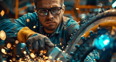 Close-up of a worker using an angle grinder in a workshop with protective gear