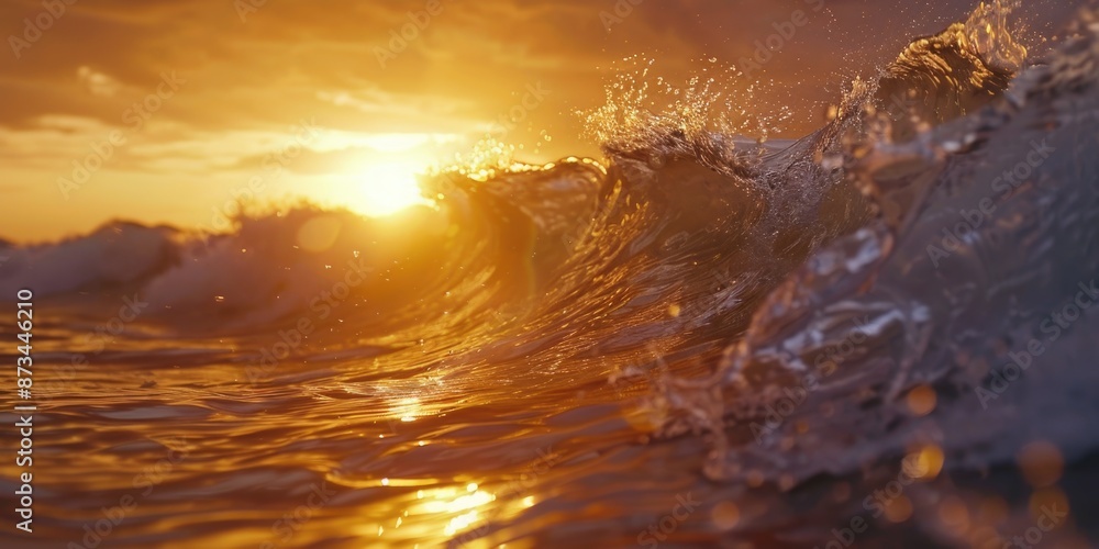 Poster the ocean is calm and the sun is setting, creating a beautiful and serene atmosphere. the water is r