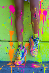 Obraz premium A burst of summer vibes in a vibrant photo showcasing colorful sneakers with splashes of paint