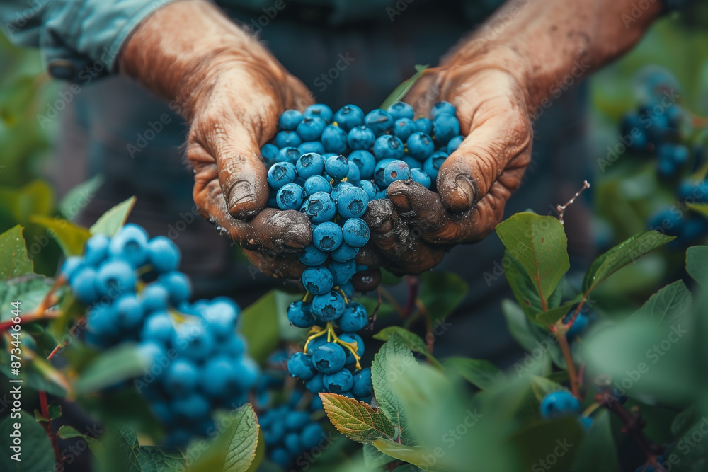 Wall mural Close-up of hands picking blueberries from a bush