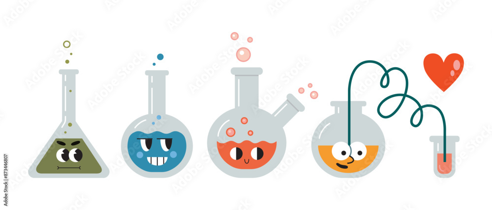 Wall mural cute laboratory test tubes, flasks with funny faces. transparent glassware with chemical reagents. e