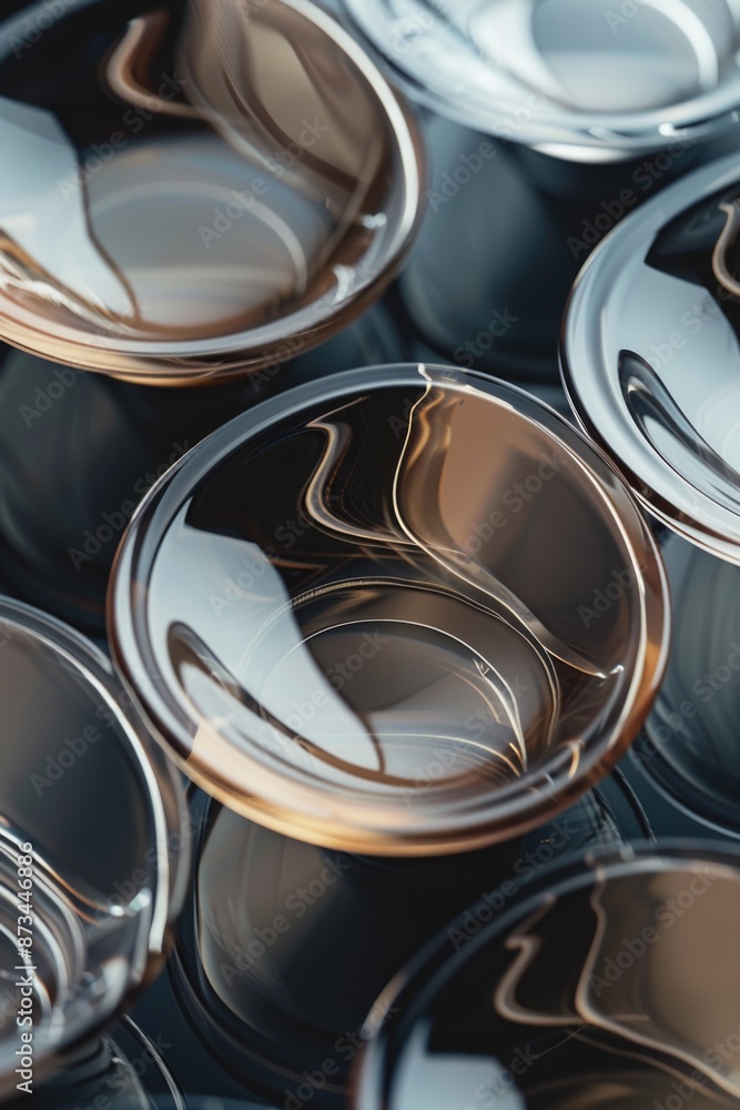 Poster a collection of glass bowls with a shiny, reflective surface. the bowls are arranged in a way that c
