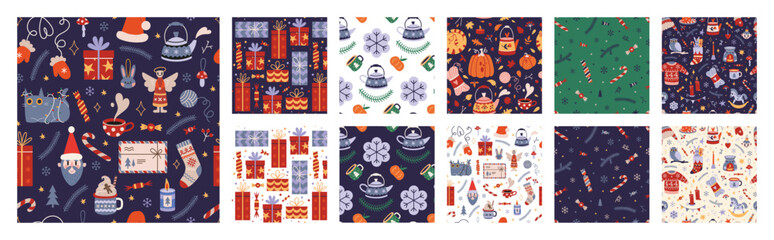 Set of Christmas seamless patterns with cute winter cozy elements. Festive background with traditional attributes. Trendy modern vector illustration, hand drawn, flat design