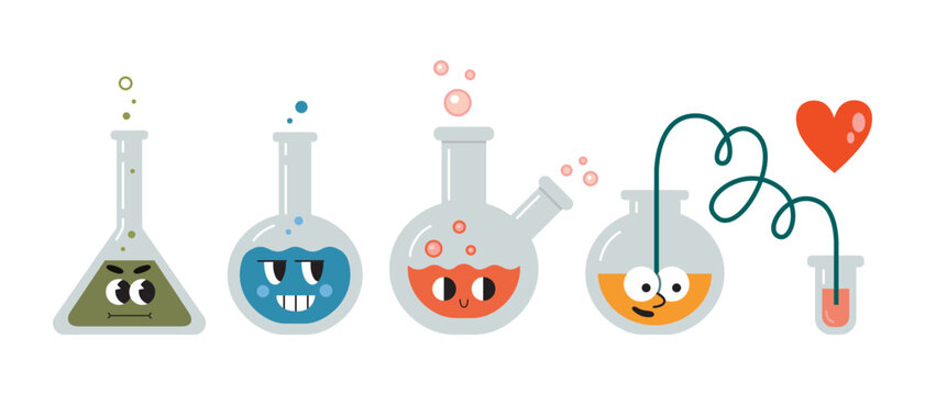 Cute laboratory test tubes, flasks with funny faces. Transparent glassware with chemical reagents. Experiment equipment for chemistry lessons. Vector illustration isolated on white, flat design