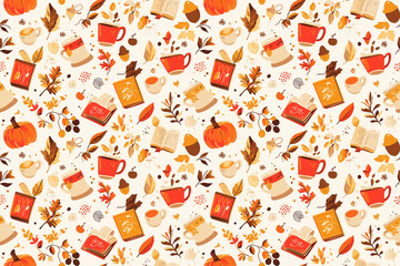 An autumn-inspired seamless pattern with illustrations of pumpkins, mugs, books, and leaves in shades of orange, brown, and red on a cream background.