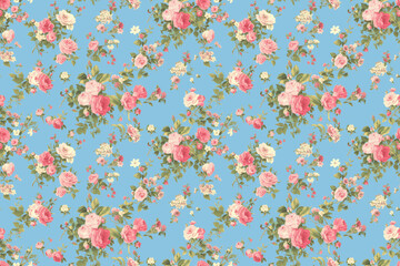 Charming vintage floral seamless pattern with pink and white roses arranged in bouquets on a blue background, evoking a classic, nostalgic feel.