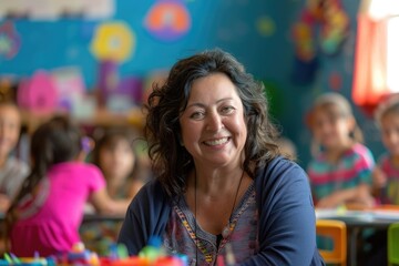 A confident teacher is in a colorful classroom, engaging students in various activities with enthusiasm AIG58
