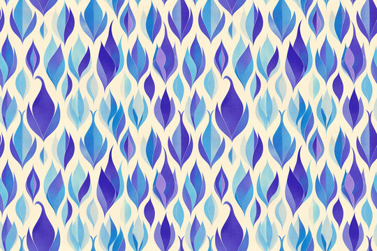 Abstract seamless pattern with stylized blue and purple leaves in a repetitive design on a light background, creating a modern and artistic look.