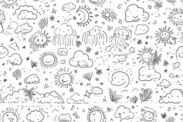 Charming seamless pattern with doodle-style sun, moon, and cloud designs. The black and white sketch-like illustrations give the design a playful and whimsical feel.