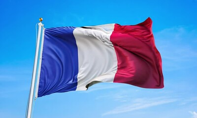 The French flag waves gracefully against a clear blue sky (mov)