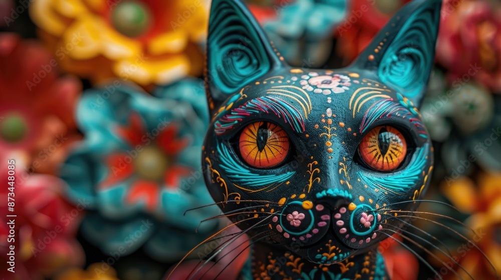 Poster a cat with colorful designs on its face and body is standing in front of a colorful background of fl
