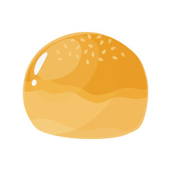 Tasty baked burger bun with sesame seeds in flat cartoon style. Wheat bread roll, brioche, homemade with yeast dough. Isolated bakery food illustration for poster, banner, card, advertising