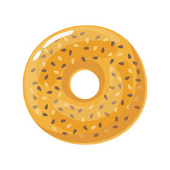 Tasty bagel with sesame seeds vector illustration in flat cartoon style. Baked wheat bread roll. Isolated bright food illustration for bakery poster, banner, card, advertising