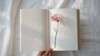 A minimalist scene with a single flower being pressed between the pages of a clean, white book