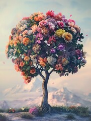 A tree with many flowers on it. The flowers are in different colors and are scattered all over the tree. The tree is surrounded by mountains, giving it a peaceful and serene atmosphere