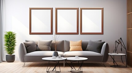 The living room is furnished with a couch, two coffee tables, and three frames on the wall, creating a cozy and inviting space for relaxation and socializing