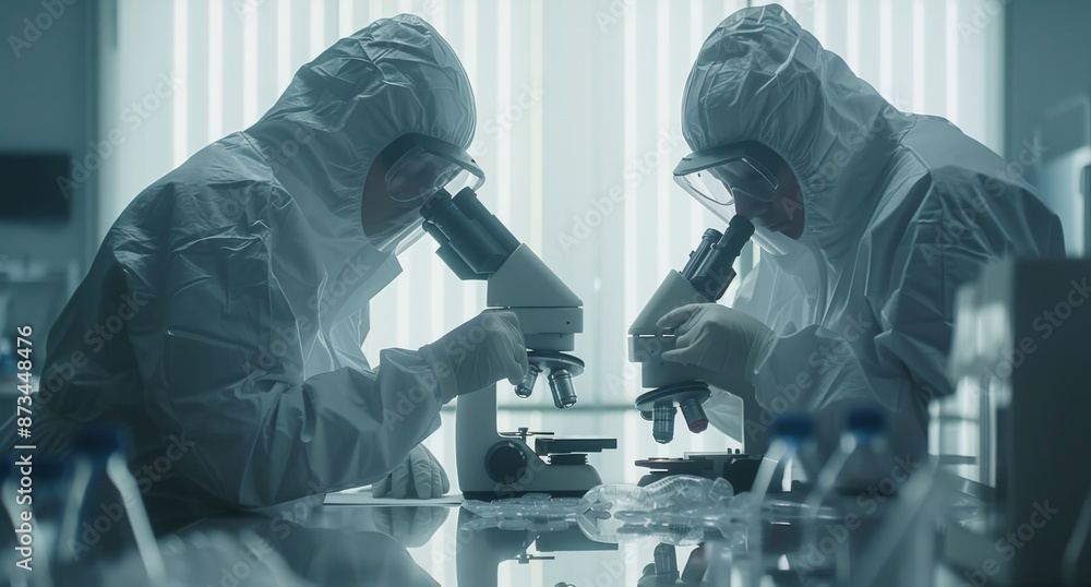Poster scientists in protective gear using microscopes in laboratory for research and analysis