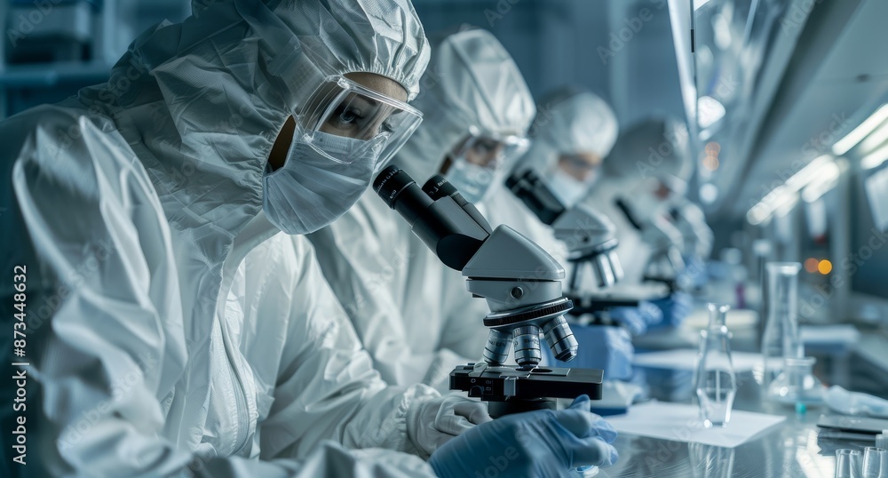 Poster close up of scientists working in laboratory with microscopes and protective suits