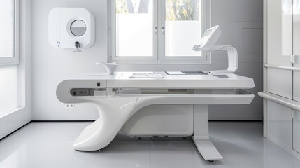 A minimalist workbench with a single gemstone and a polishing cloth, set in a clean room