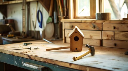 A minimalist workbench with just a small birdhouse in progress, a hammer, and a few nails