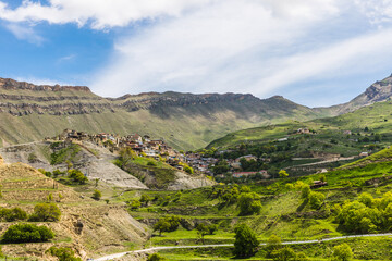 Chokh terraces are a medieval irrigation and farming system in Dagestan, Russia, green terraces on...