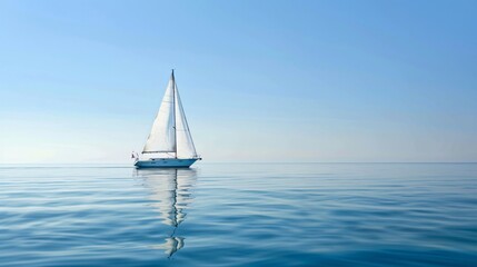 Obraz premium A sleek sailboat on calm waters with minimal gear, set against a clear blue sky