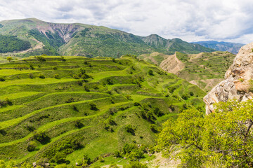 Chokh terraces are a medieval irrigation and farming system in Dagestan, Russia, green terraces on the slopes of Mount Chokh