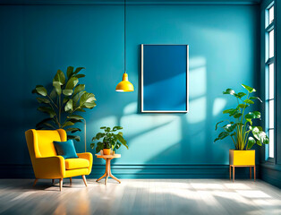 Surreal shadow graphic interior, detailed with a house plant, yellow armchair, and a hanging lamp, blue wall with frame mockup, big window