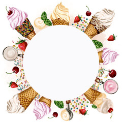 ice cream frame. Ice cream cones, chocolate cones with colored sprinkles. Strawberry and vanilla ice cream. Watercolor illustration.