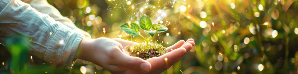 Fototapeta premium Person Holding Small Plant With Light