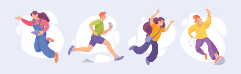 Happy People Characters Engaged in Active Motion Vector Illustration Set