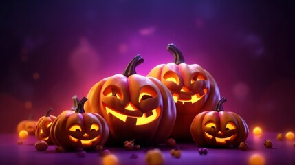 Several Halloween pumpkins are arranged neatly against a dark backdrop