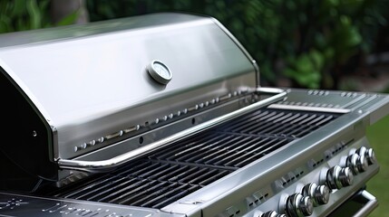 A stainless steel gas grill sits on a wooden deck in a backyard setting surrounded by dense, green foliage