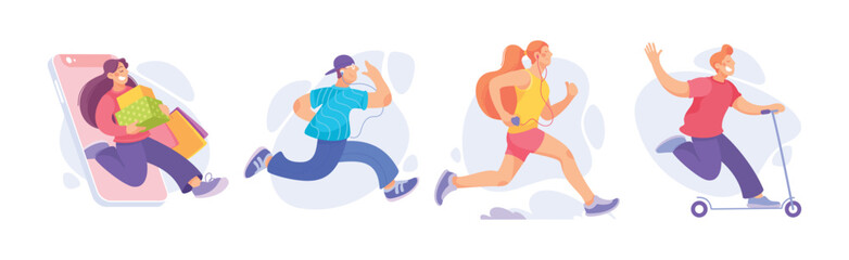 Happy People Characters Engaged in Active Motion Vector Illustration Set