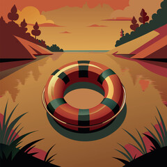 Obraz premium Vibrant illustration of a lifesaver in a serene lake at dusk, surrounded by nature.