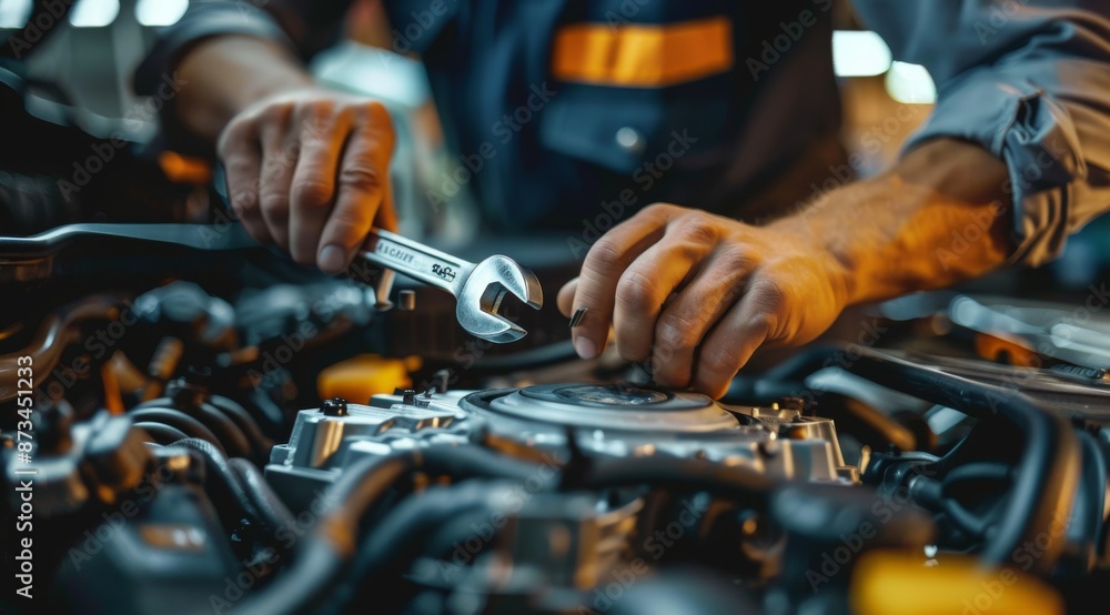 Poster close-up of a mechanic's hands using a wrench to repair an engine in a workshop