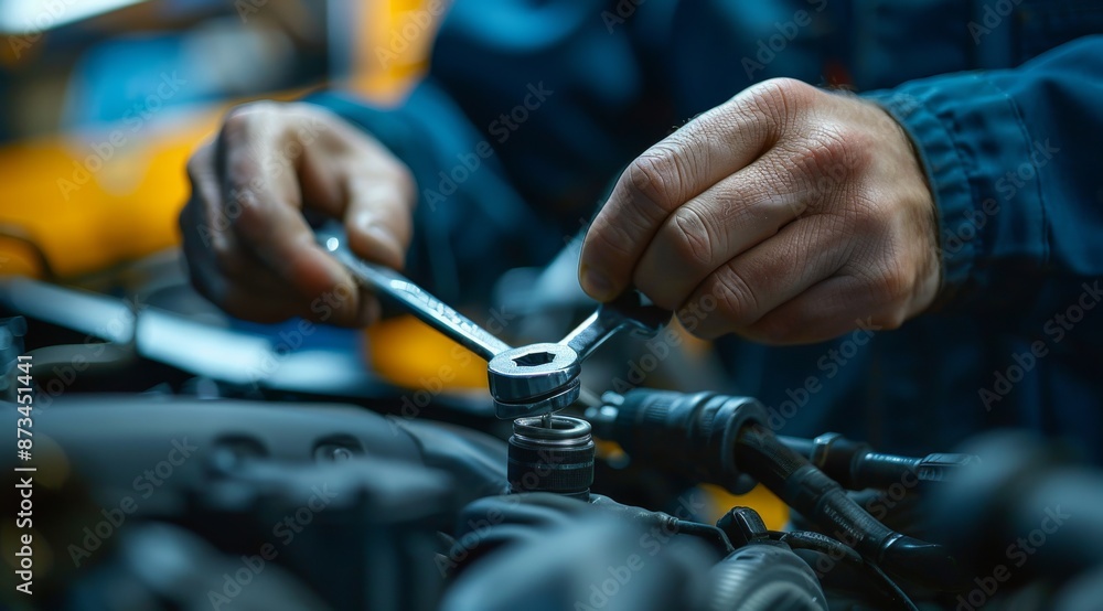 Poster close-up of auto mechanic's hands with wrench working on engine in workshop