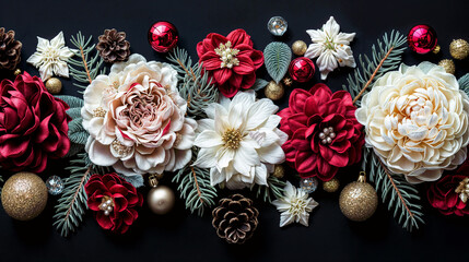 An Elegant Assortment of Red and White Artificial Flowers Arranged with Festive Christmas Ornaments Against a Black Background