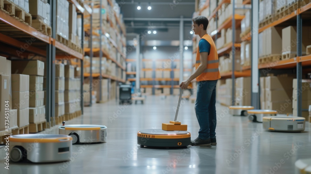 Poster skilled warehouse worker picking order while wearing safety cloth at storage surrounded with box. pr